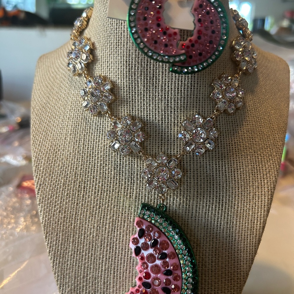 Betsey Johnson Watermelon Necklace with Pink and Green Accents with Earrings - Picture 4 of 4